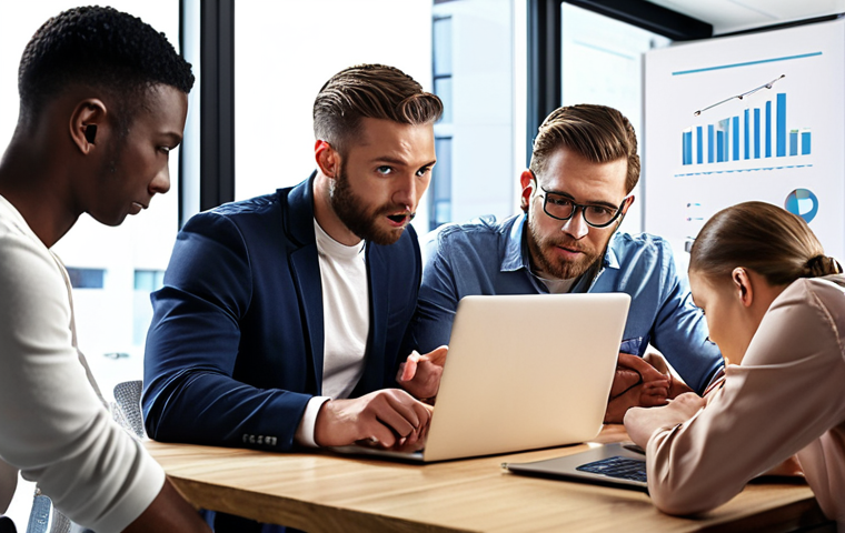** A diverse group of people collaborating around a table, reviewing supplier performance data on laptops and tablets. Focus on expressions of teamwork and strategic decision-making. Modern office environment.
**