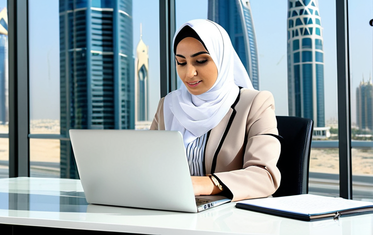 비즈니스 원가 절감을 위한 공급업체 관리 전략 - Modern Office Scene**
"A professional Arab businesswoman in a modest, stylish business suit, workin...