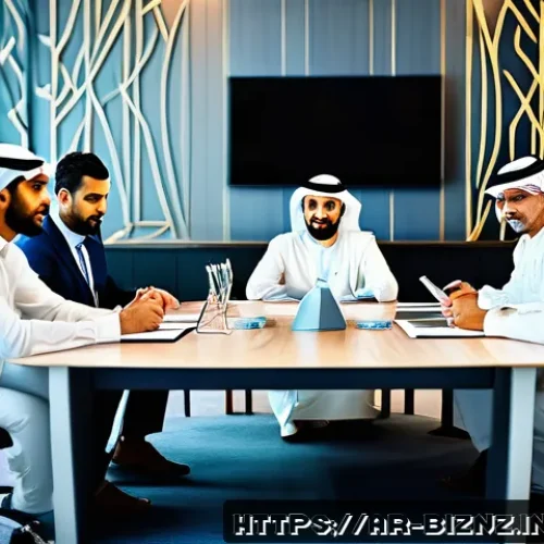 비즈니스 원가 절감을 위한 제휴 마케팅 활용 - A professional Middle Eastern business meeting scene showcasing diverse Arabic-speaking marketing pa...