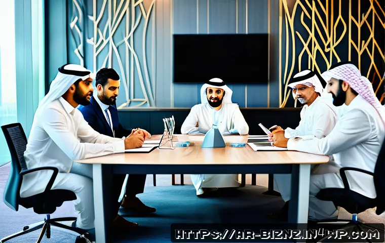 비즈니스 원가 절감을 위한 제휴 마케팅 활용 - A professional Middle Eastern business meeting scene showcasing diverse Arabic-speaking marketing pa...